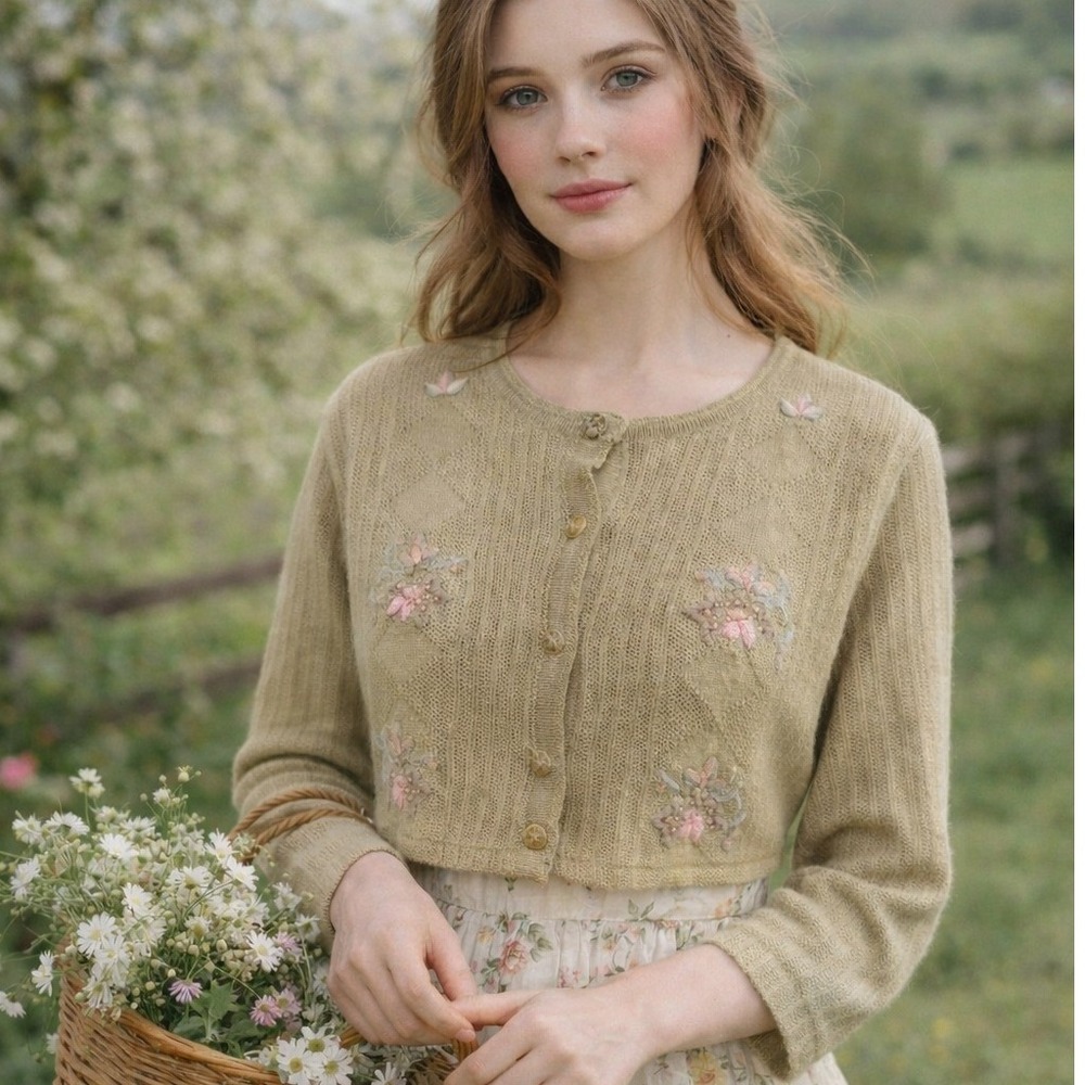 Elson Cosy Wool Cardigan‎ Beige Floral Embroidered Cropped Size 38